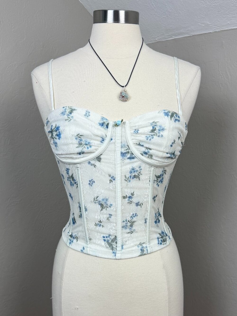 pretty garbage | White Blue Floral Lace Corset Bustier Top Size Medium